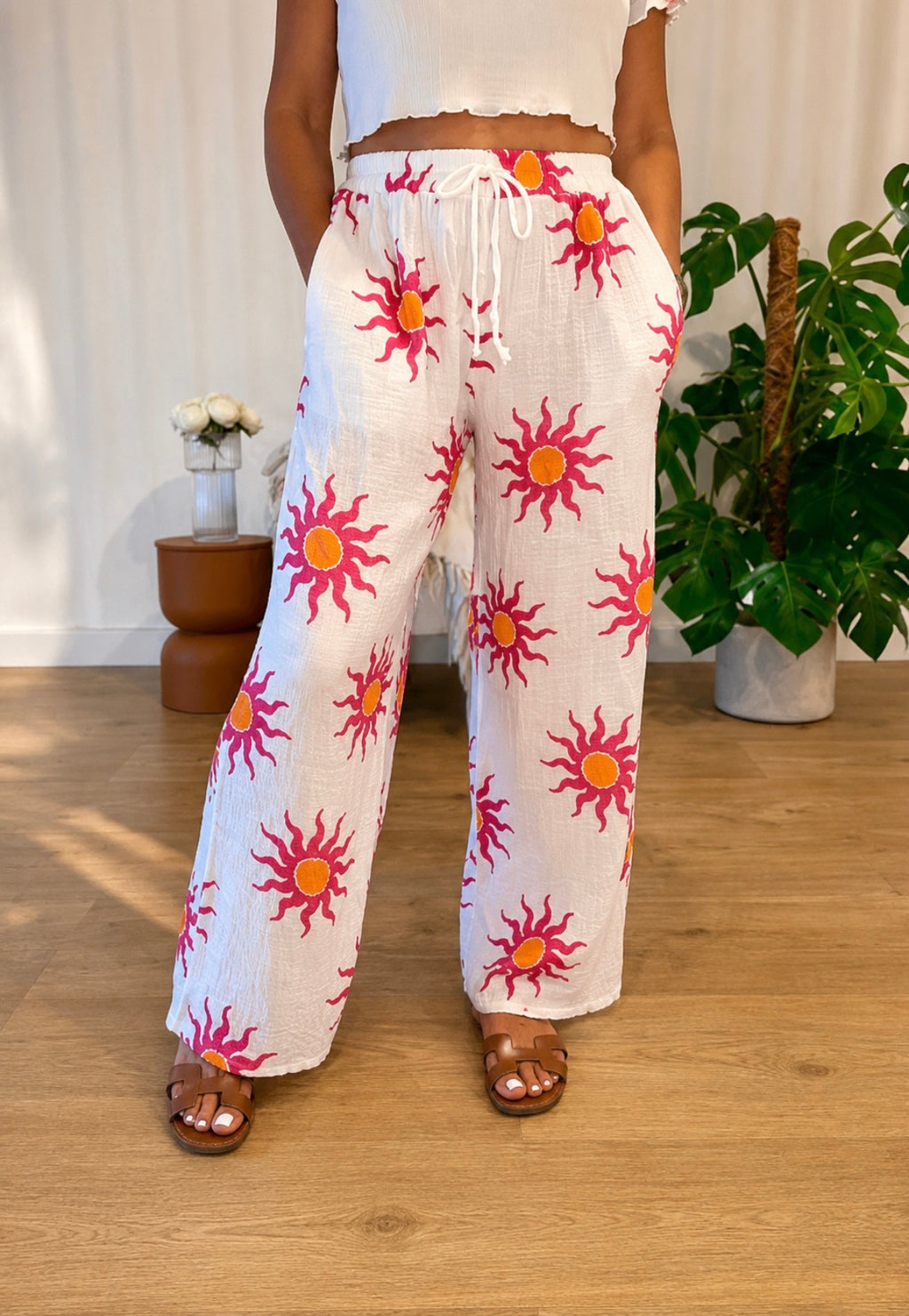 Pantalon gaze de coton imprimé Sun