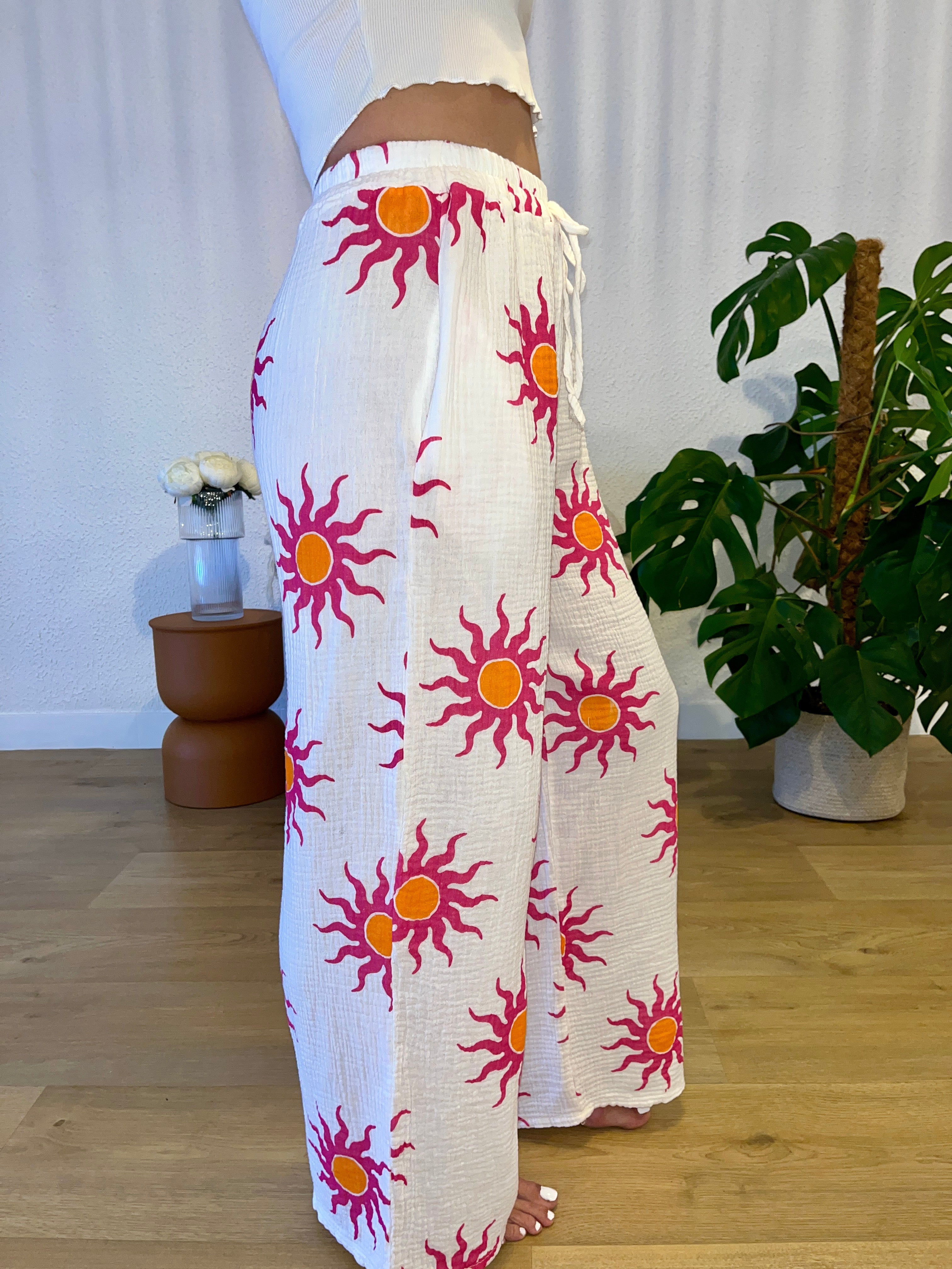Pantalon gaze de coton imprimé soleil